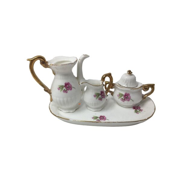 Vintage Miniature Fine Bone China Porcelain Tea Set- Tea Pot, Pitcher, Plate - Picture 2 of 16